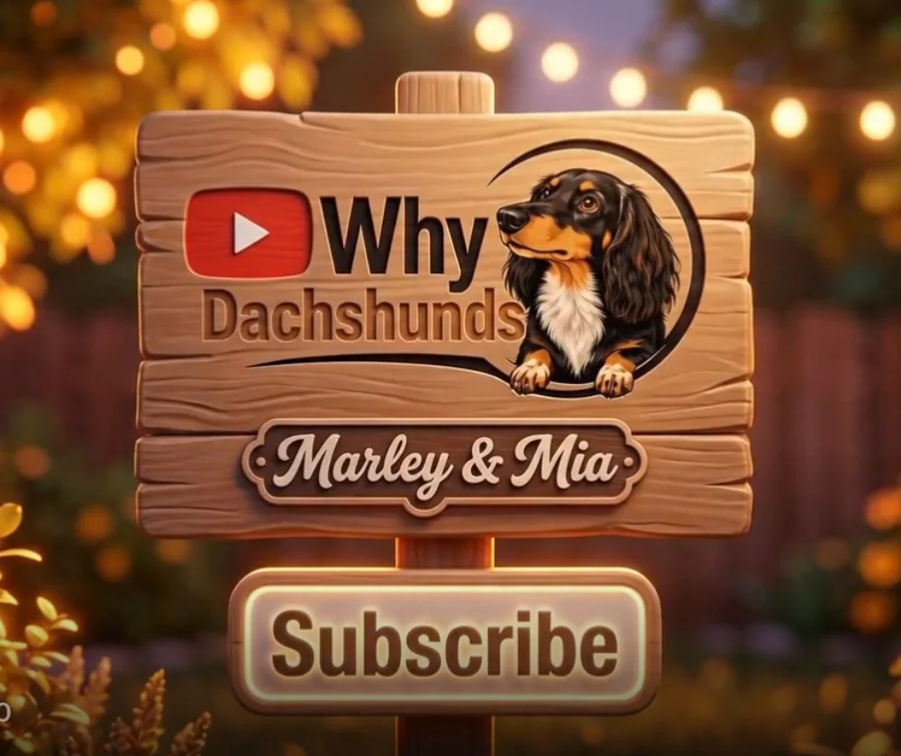 A carved wooden Why Dachshunds sign with Marley & Mia, glowing under string lights at dusk