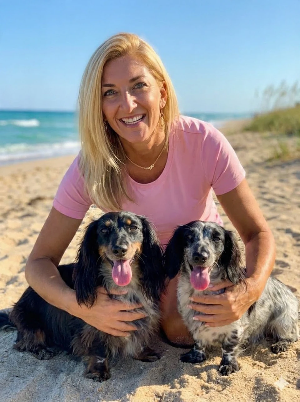 The real Marley & Mia with their mom, on the beach in Florida