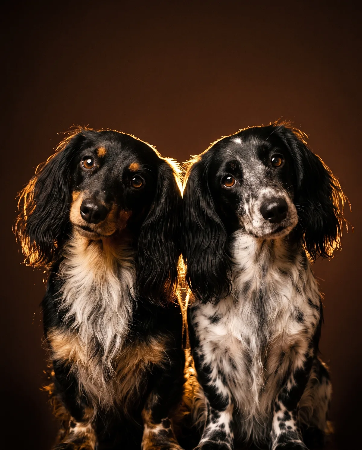 Marley and Mia side by side, both heads tilted with curious, questioning expressions, lit from behind in warm gold