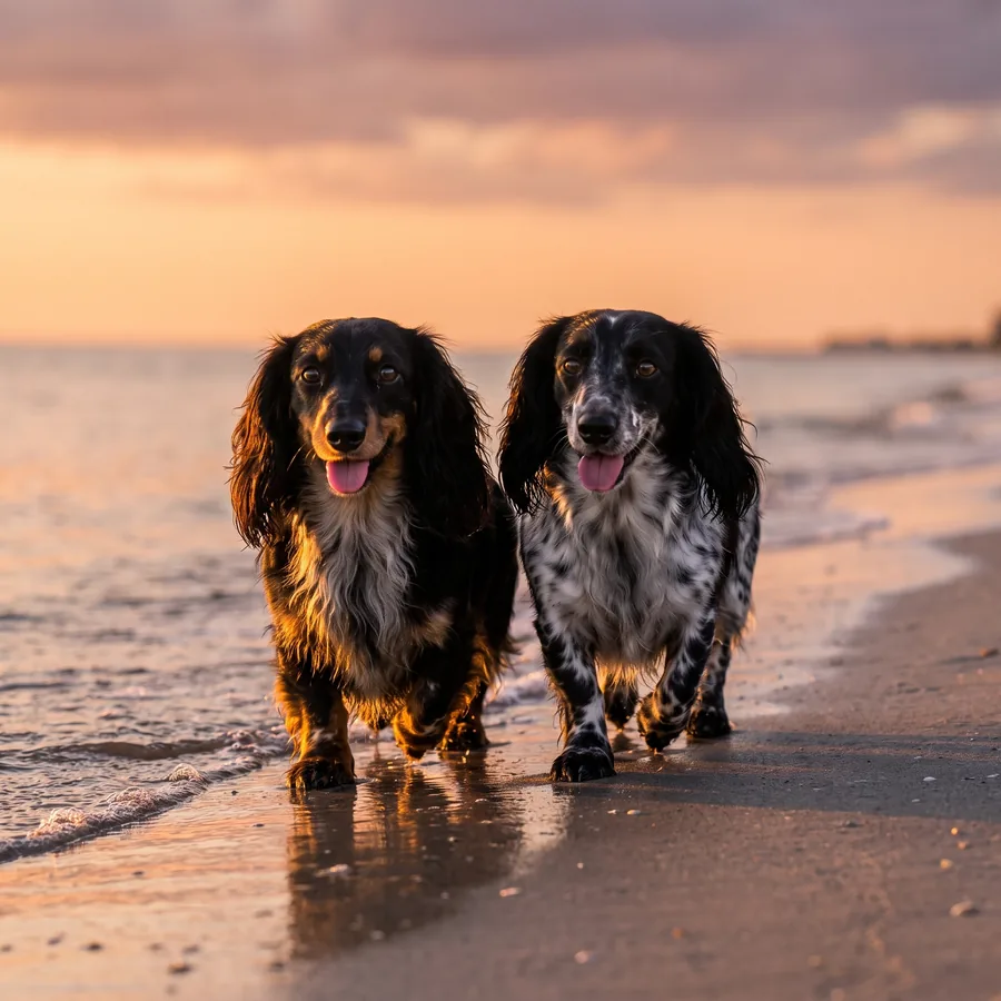 Marley and Mia trotting down the beach at golden hour