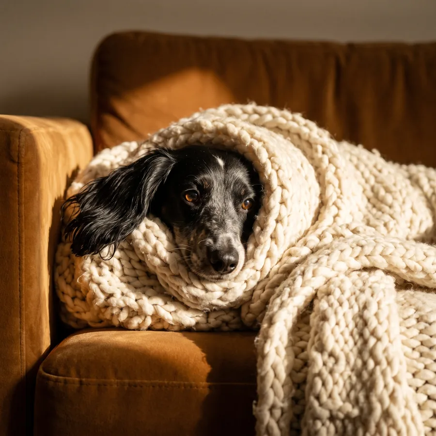Mia burrowed into a chunky cream blanket, only her face peeking out