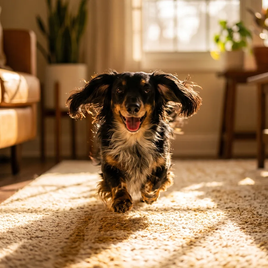 Marley mid-zoomies, ears flying, racing across a sunlit rug
