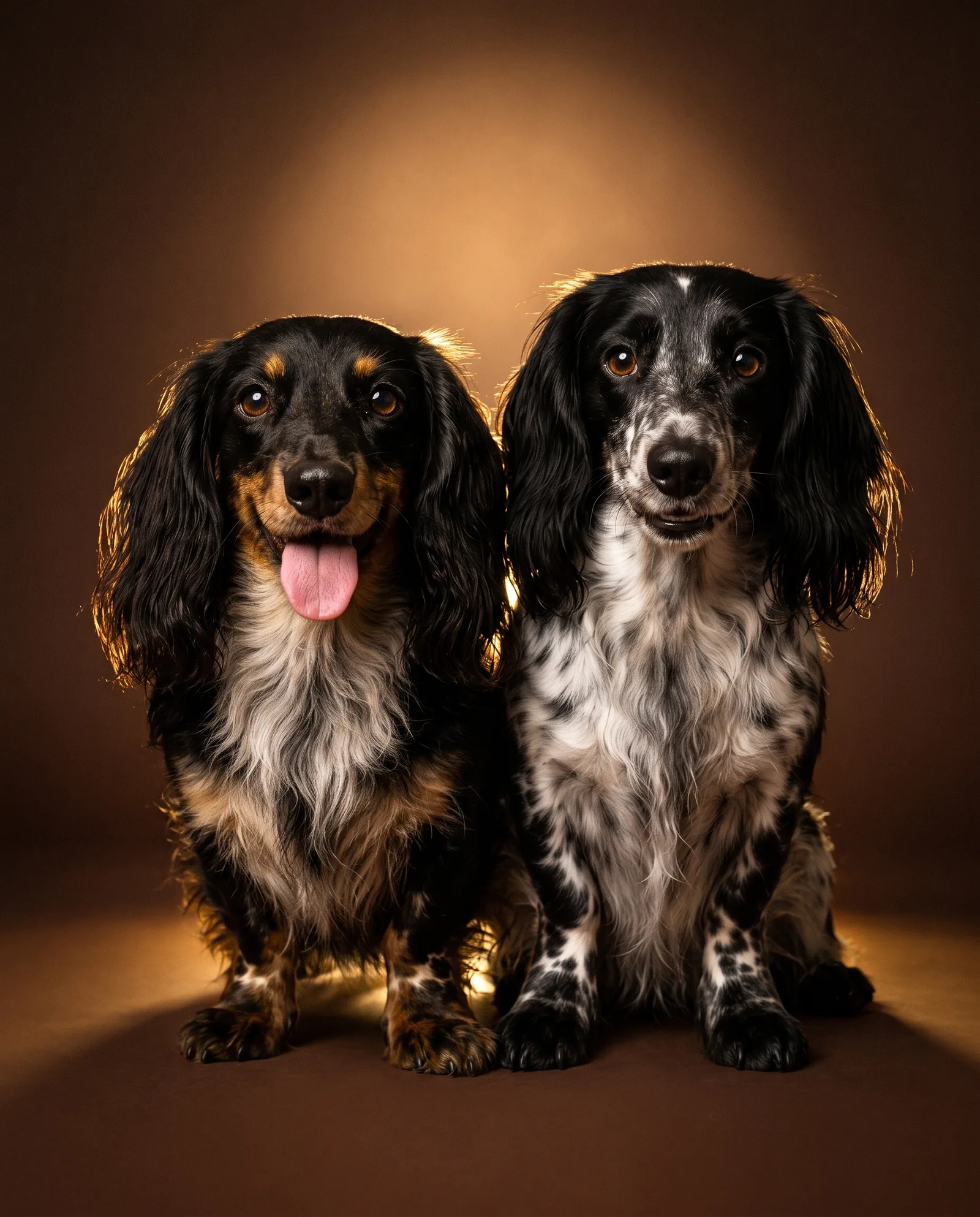 Marley, a longhaired black-and-tan dachshund with his tongue out, and Mia, a black-and-white dapple longhaired dachshund, side by side in golden studio light