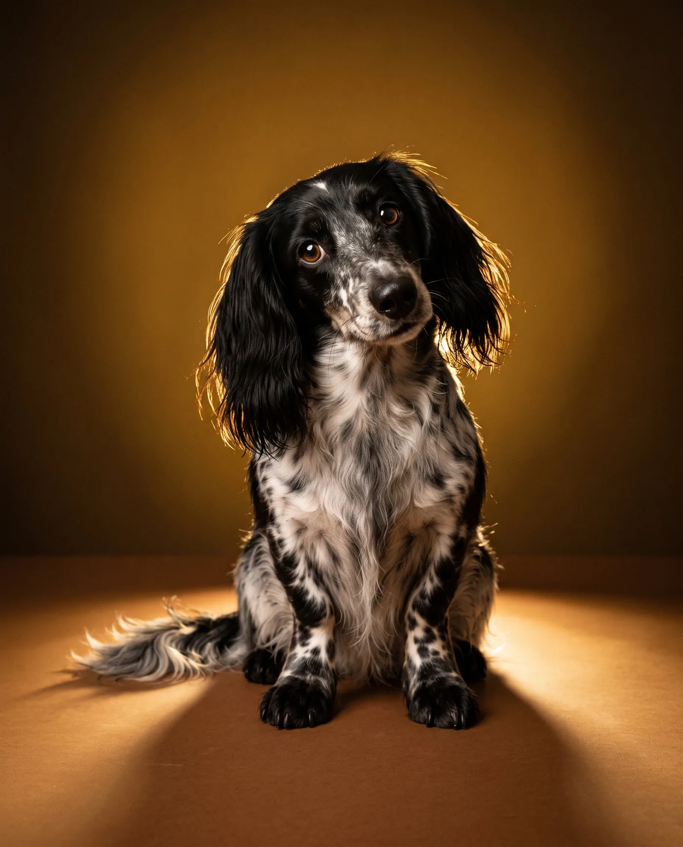 Mia, a dapple longhaired dachshund, sitting in a golden spotlight with her head tilted