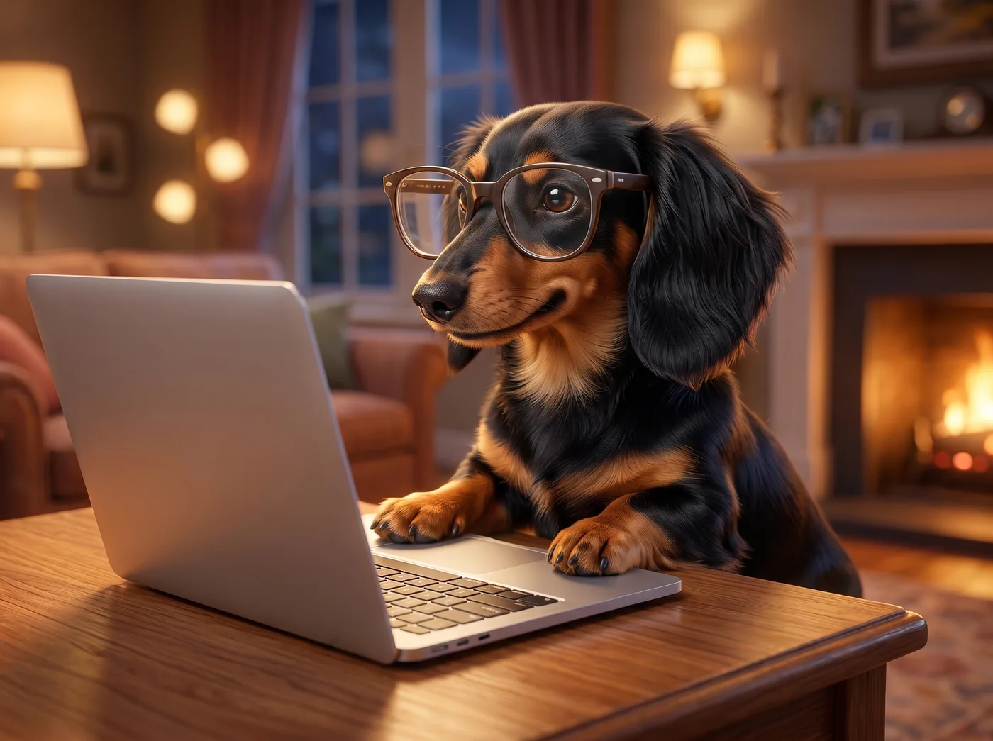 Marley in his round glasses, typing the newsletter on a laptop by the fireplace