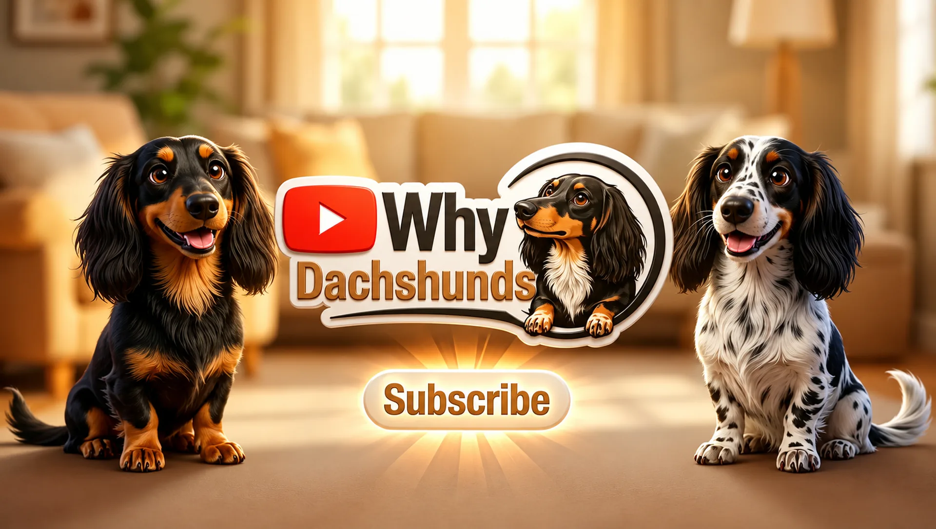 Marley & Mia in a warm sunlit living room around the Why Dachshunds logo and a Subscribe button